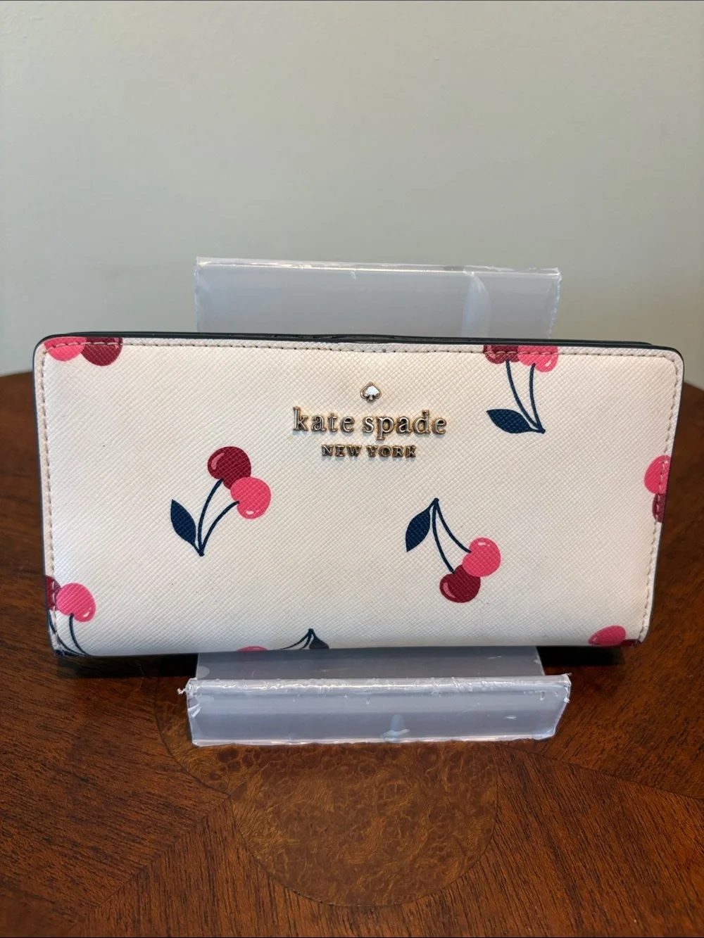 kate spade Wallet long wallet bifold Cream/Pink Red & Blue Cherry Motif goldtone